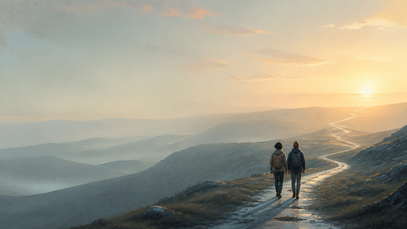 Two travelers walking together along a distant mountain path at dawn